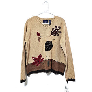 Crazy Horse Sweater Fall leaf Silk Vintage Embroidered Brown Women's Sz XL NWT